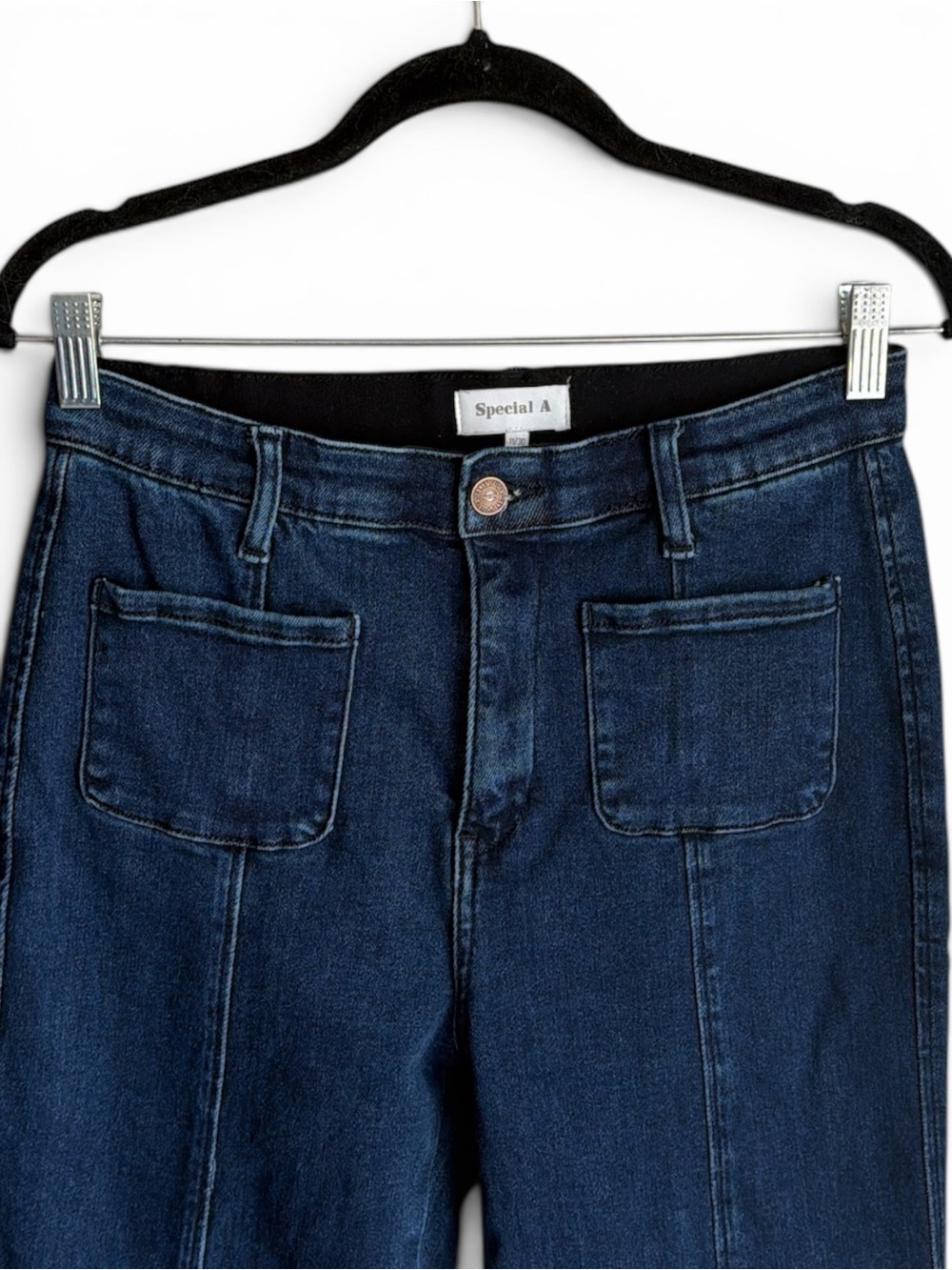 Special A Super Flare Jeans Size 11/30 Dark Wash Stretchy High Wasted Banded Hem - Picture 5 of 16